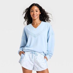 Women's Crochet Trim V-Neck Sweatshirt - JoyLab Blue L